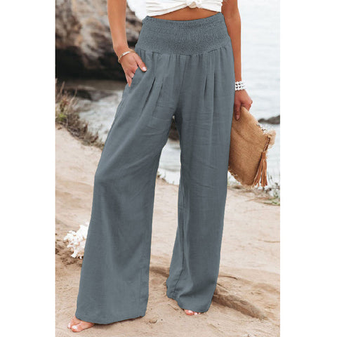 Linen Solid Elastic Waist Wide Leg Pants