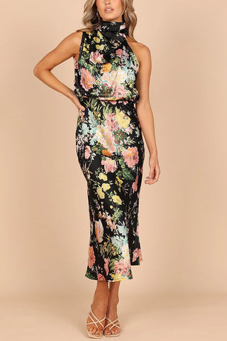 Halter Printed Satin Dress Elegance