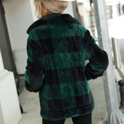 Collar Plaid Regular Midi Plush Zippered Double  Sided Suede Jacket