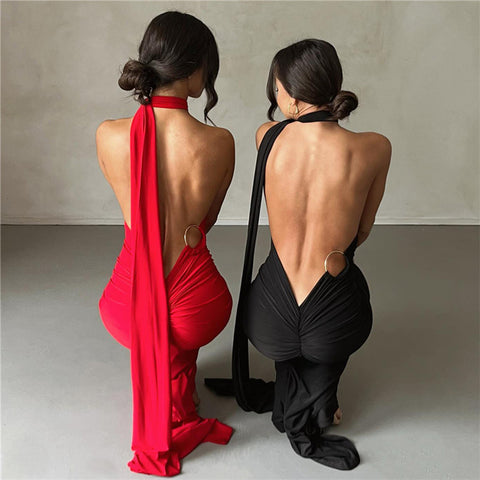 Ring Backless Halter Sheath Evening Dress