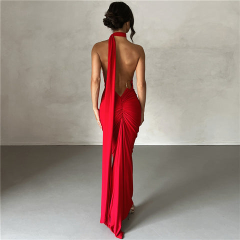 Ring Backless Halter Sheath Evening Dress