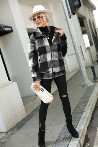 Collar Plaid Regular Midi Plush Zippered Double  Sided Suede Jacket