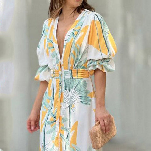 V neck Puff Sleeve Maxi Dress