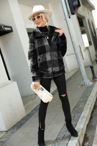 Collar Plaid Regular Midi Plush Zippered Double  Sided Suede Jacket