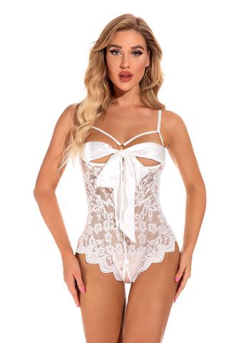 Bow Tie Open Mesh Lace Jumpsuit