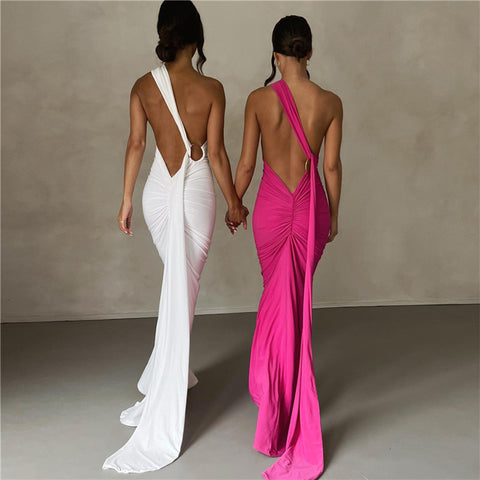 Ring Backless Halter Sheath Evening Dress