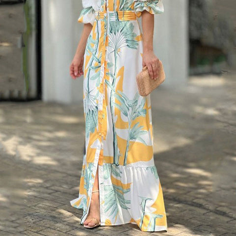 V neck Puff Sleeve Maxi Dress