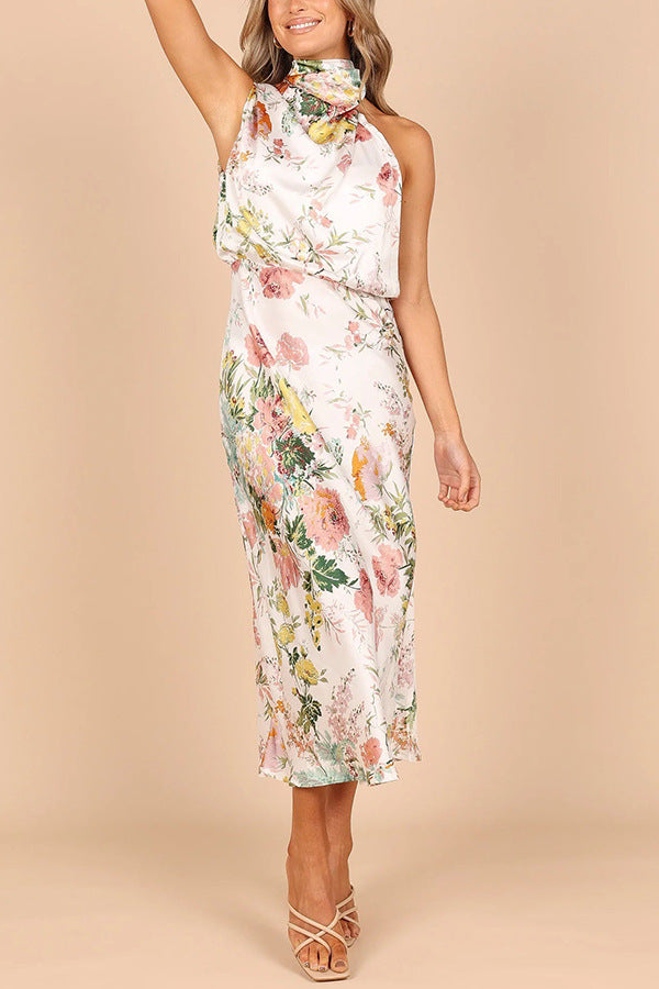 Halter Printed Satin Dress Elegance