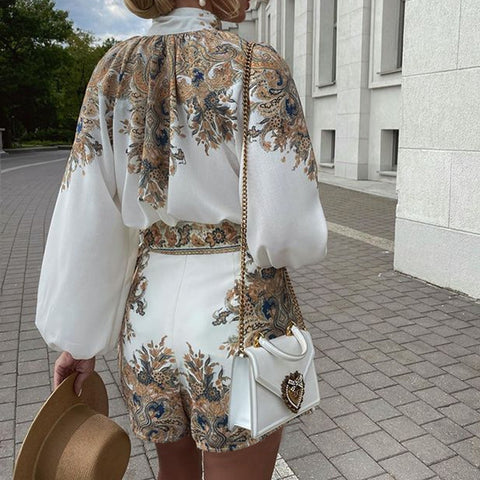 Printed Long-Sleeved Top Shorts Suit Two-Piece Set