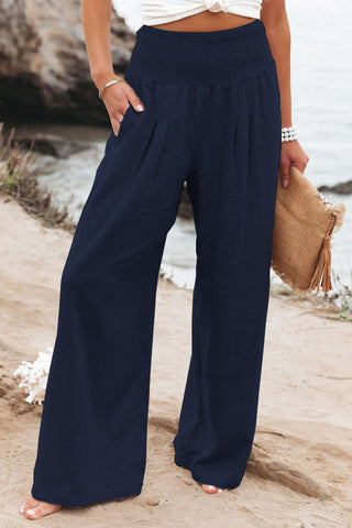 Linen Solid Elastic Waist Wide Leg Pants