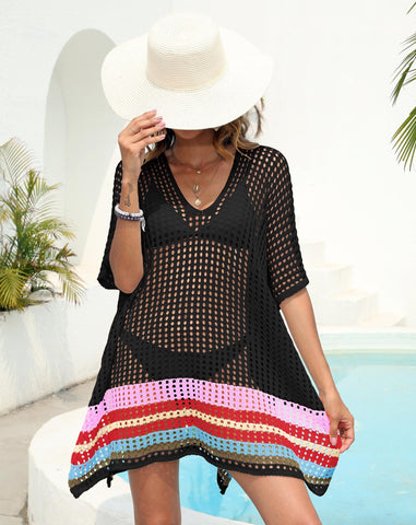 Sheer Cutout Woven Contrast Beach Cover Up