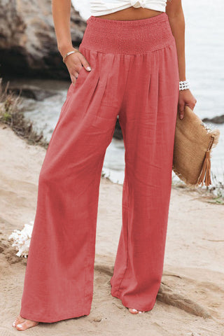 Linen Solid Elastic Waist Wide Leg Pants