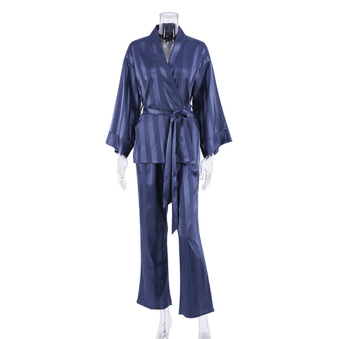 Satin Long Sleeve Cardigan Lace up Nightgown Set