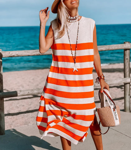 Stripes Sleeveless Knitted Dress Maxi Dress