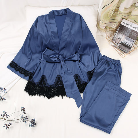 Satin Long Sleeve Cardigan Lace up Nightgown Set