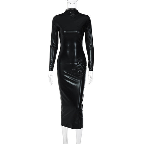 Faux Leather Dark Solid Color Slim Slimming Dress