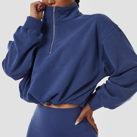 Drawstring Zipper High Collar Loose Sleeve Pullover