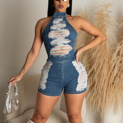 Denim Halter Tassel Jumpsuit