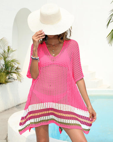 Sheer Cutout Woven Contrast Beach Cover Up