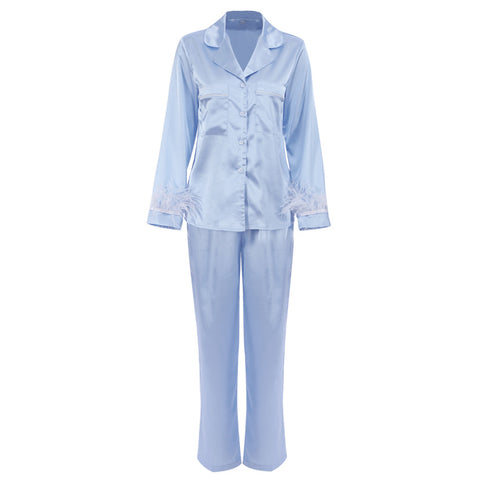 Silk Blue Feather Detachable Long Sleeve Shorts Suit Homewear