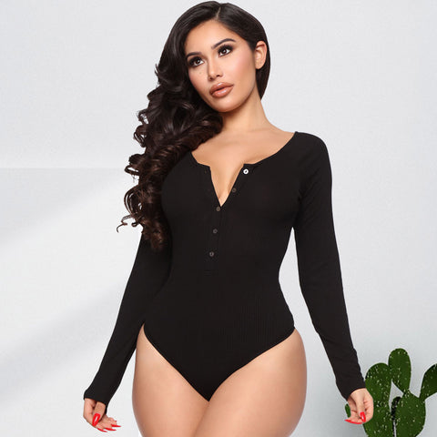 U Collar Breasted Long Sleeve Sexy  Jumpsuit