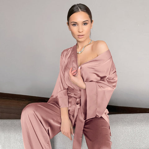 Satin Long Sleeve Cardigan Lace up Nightgown Set