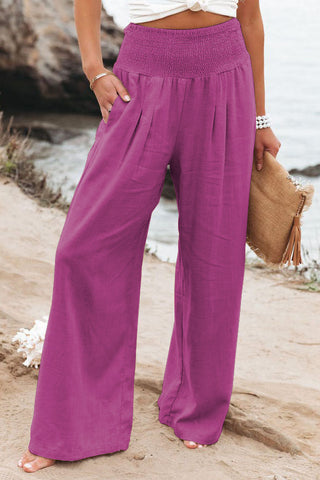 Linen Solid Elastic Waist Wide Leg Pants