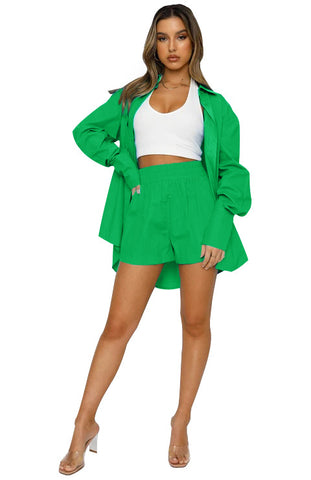 Lapel Sleeve High Waist Shorts Two-Piece Set