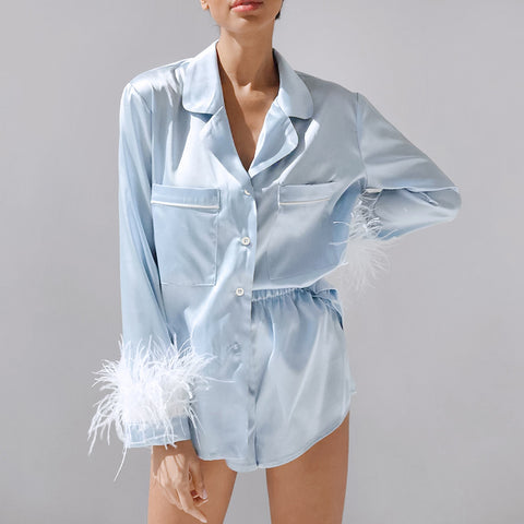 Silk Blue Feather Detachable Long Sleeve Shorts Suit Homewear