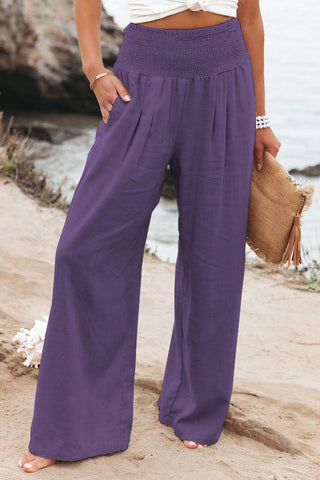 Linen Solid Elastic Waist Wide Leg Pants