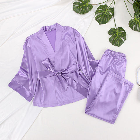 Satin Long Sleeve Cardigan Lace up Nightgown Set