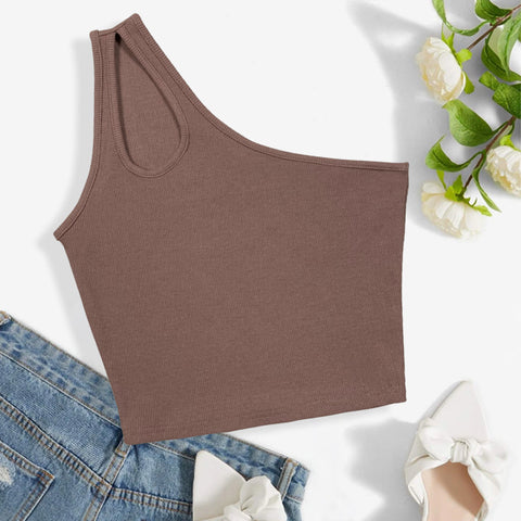 One Shoulder Sleeveless Top Rib Short Vest