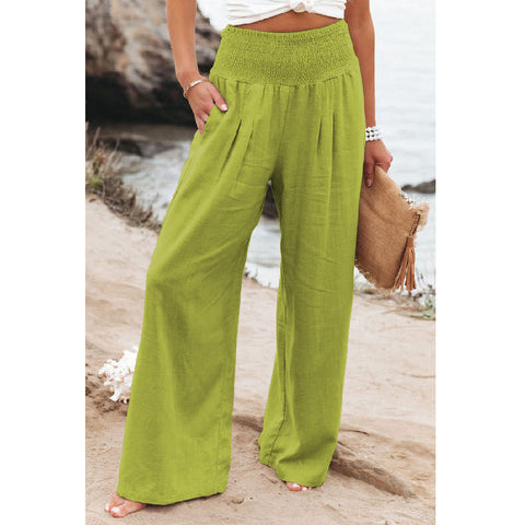 Linen Solid Elastic Waist Wide Leg Pants