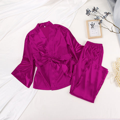 Satin Long Sleeve Cardigan Lace up Nightgown Set