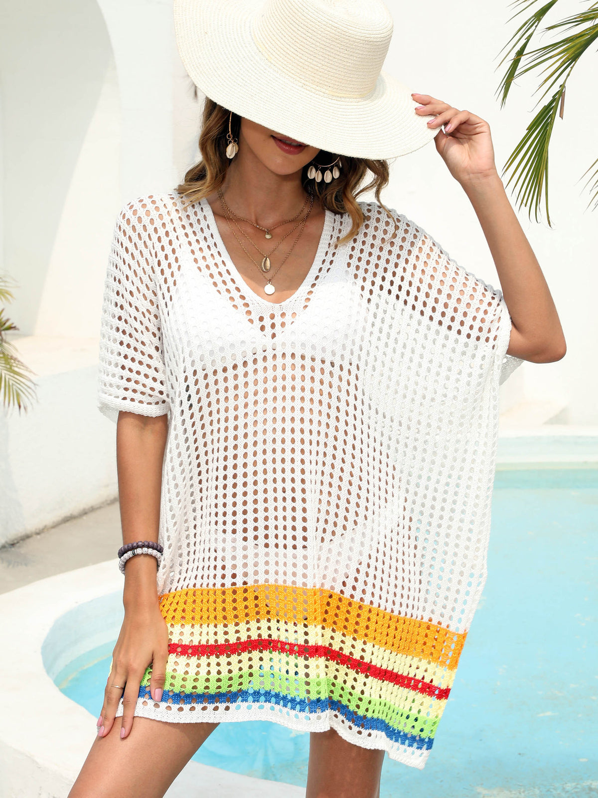 Sheer Cutout Woven Contrast Beach Cover Up