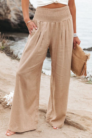 Linen Solid Elastic Waist Wide Leg Pants