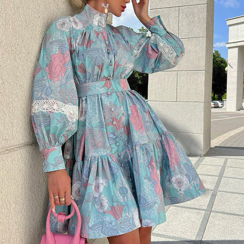 Printed Turtleneck Wide Hem Dress