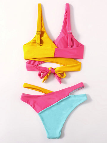 Criss Cross Two Tone Split Bikini Swimsuit