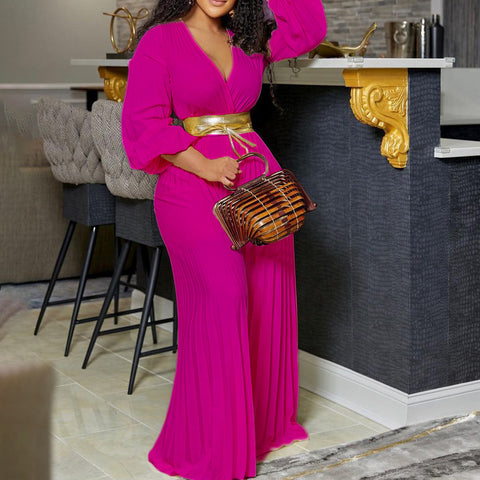 V neck Pleated Wide Leg Jumpsuit