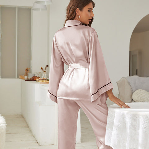 Spring Summer Pajamas Women Summer Thin Silk Ice Silk Satin Chiffon Long Sleeve Home Wear Spring Autumn