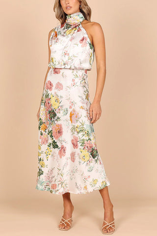 Halter Printed Satin Dress Elegance