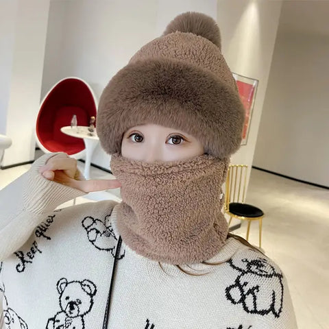 New Winter Warm Hat Scarf Set for Women Lady Soft Plush Fleece Pompom Beanies Pullover Caps Mask Casual Outdoor Faux Fur Bonnet