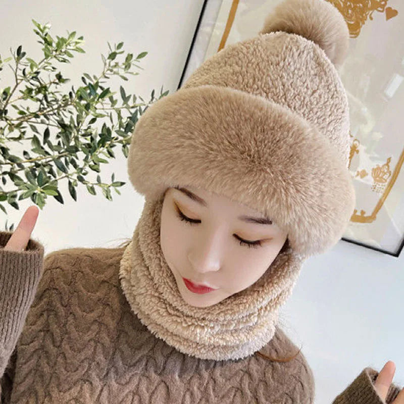 New Winter Warm Hat Scarf Set for Women Lady Soft Plush Fleece Pompom Beanies Pullover Caps Mask Casual Outdoor Faux Fur Bonnet