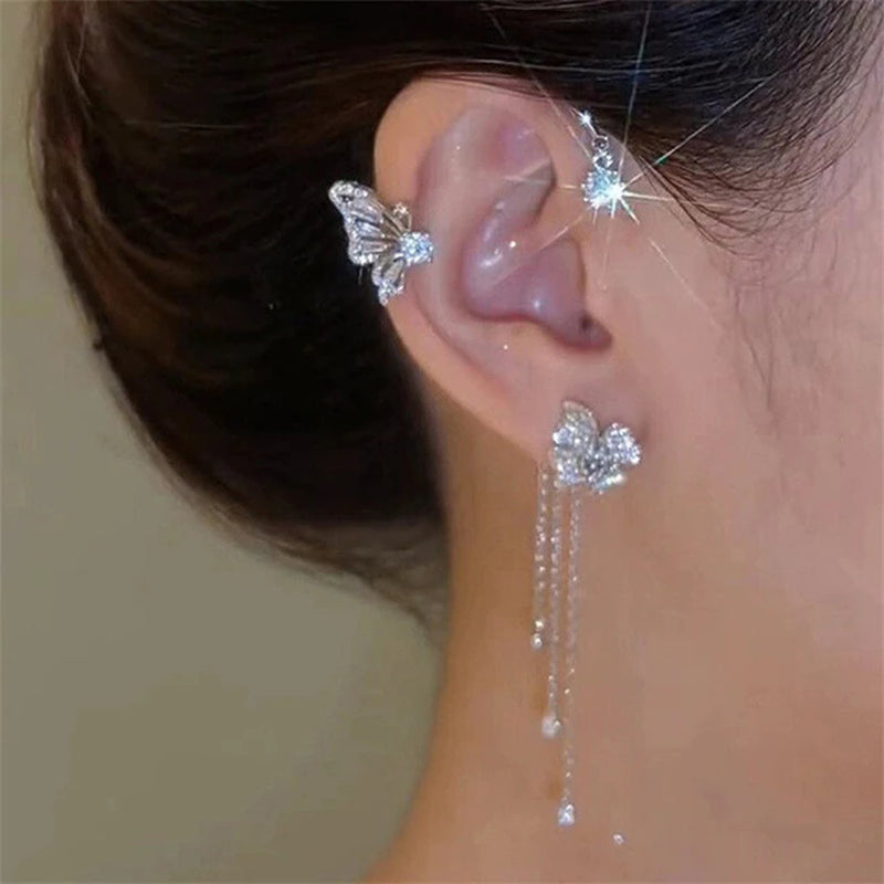 Shiny Zircon Butterfly Ear Cuff Gold Color Tassel Clip on Earrings for Women Korea Style Copper Earring without Piercing Jewelry