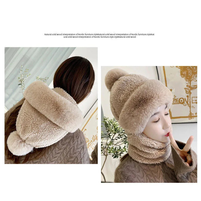 New Winter Warm Hat Scarf Set for Women Lady Soft Plush Fleece Pompom Beanies Pullover Caps Mask Casual Outdoor Faux Fur Bonnet