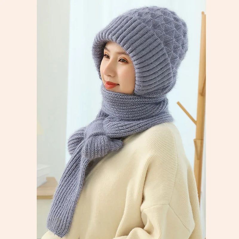 Plush Hat and Scarf All in One Knitted Women Winter Warm Hat Scarf Thickened Hooded Ear Protection Outdoor Ski Female Beanie Cap